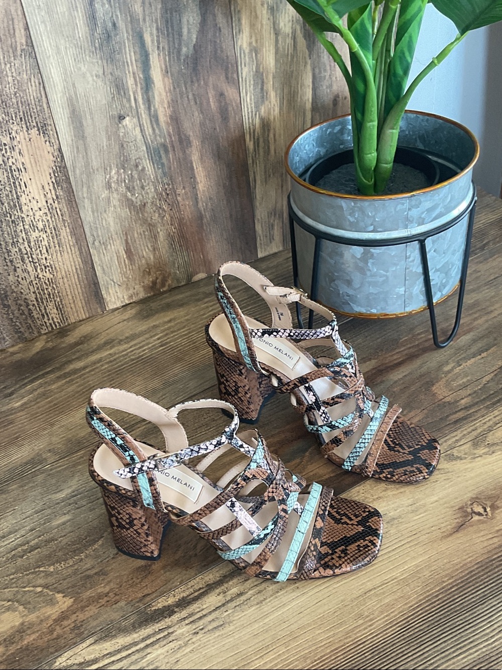 ANTONIO MELANI Brown Snakeskin Strappy Block Heel Sandals 7M